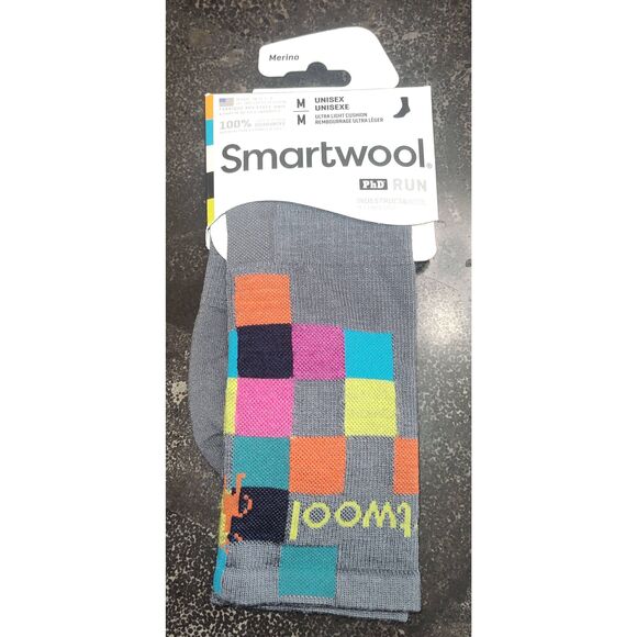 Smartwool Unisex Ultra Light Cushion Socks PHD RUN Grey geometric squares Wool b - Picture 1 of 4